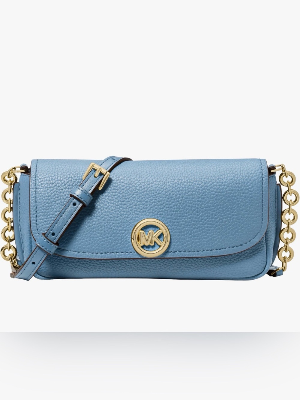 MICHAEL Michael Kors Light Blue Pebbled Leather Clutch with Gold MK Emblem